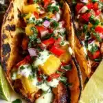 Chili lime chicken tacos adorned with grilled pineapple salsa on a plate