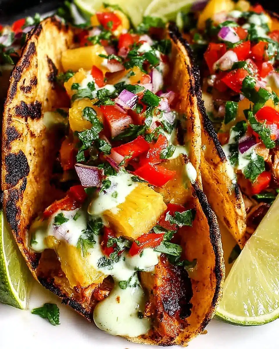 Chili lime chicken tacos adorned with grilled pineapple salsa on a plate