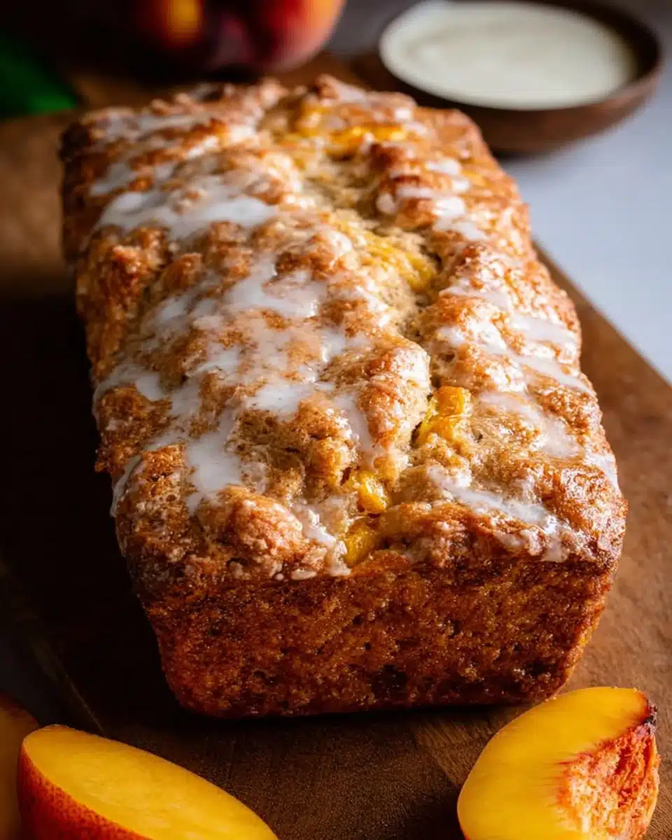 Loaf of cinnamon peach bread with slices showing its moist texture and peach pieces.