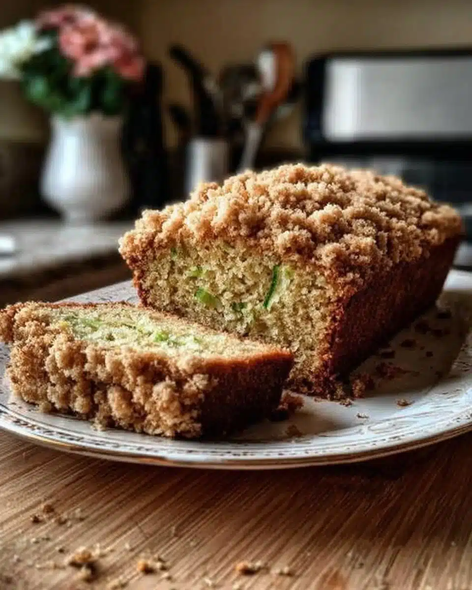 Cinnamon streusel topped zucchini bread fresh from the oven