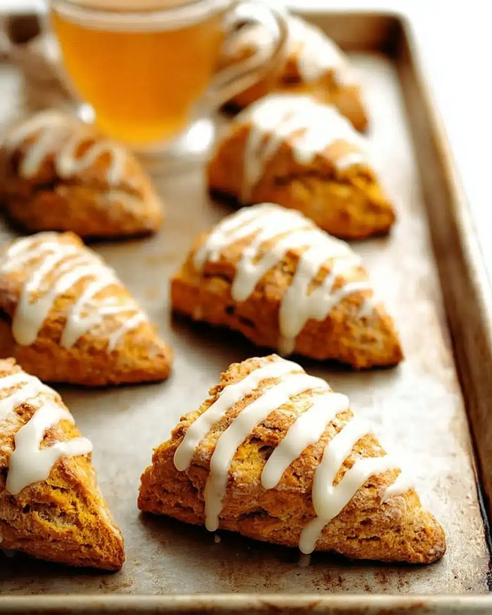 Cozy pumpkin scones topped with spices and drizzled with glaze