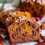 Cranberry Pecan Pumpkin Bread fresh from the oven, garnished with pecans.