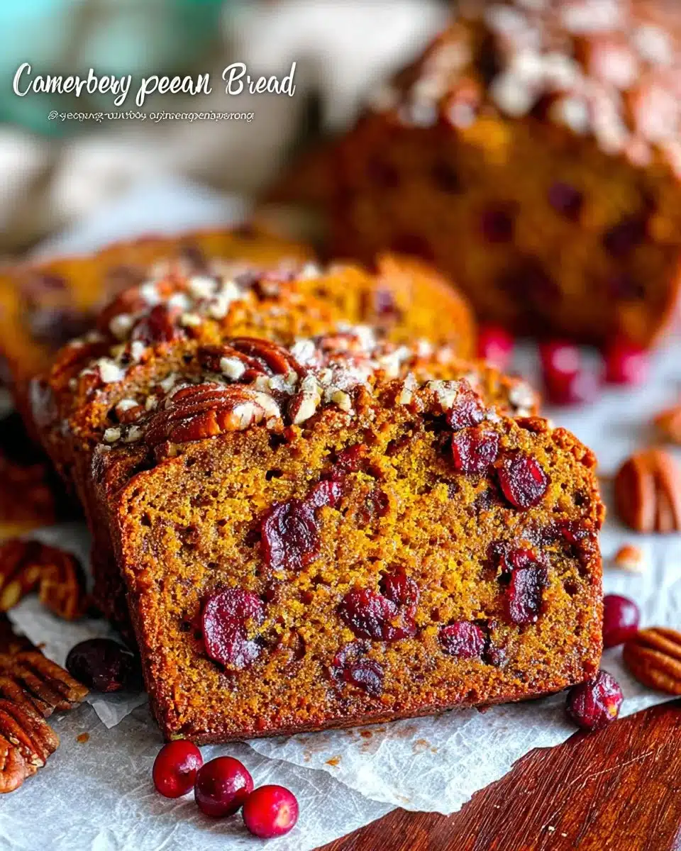Cranberry Pecan Pumpkin Bread fresh from the oven, garnished with pecans.