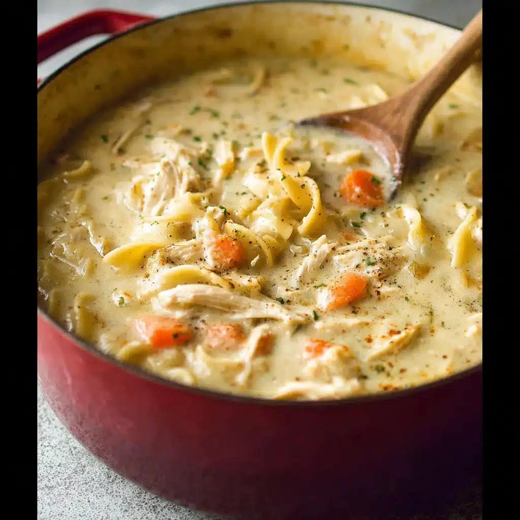 Bowl of creamy chicken noodle soup with vegetables and herbs