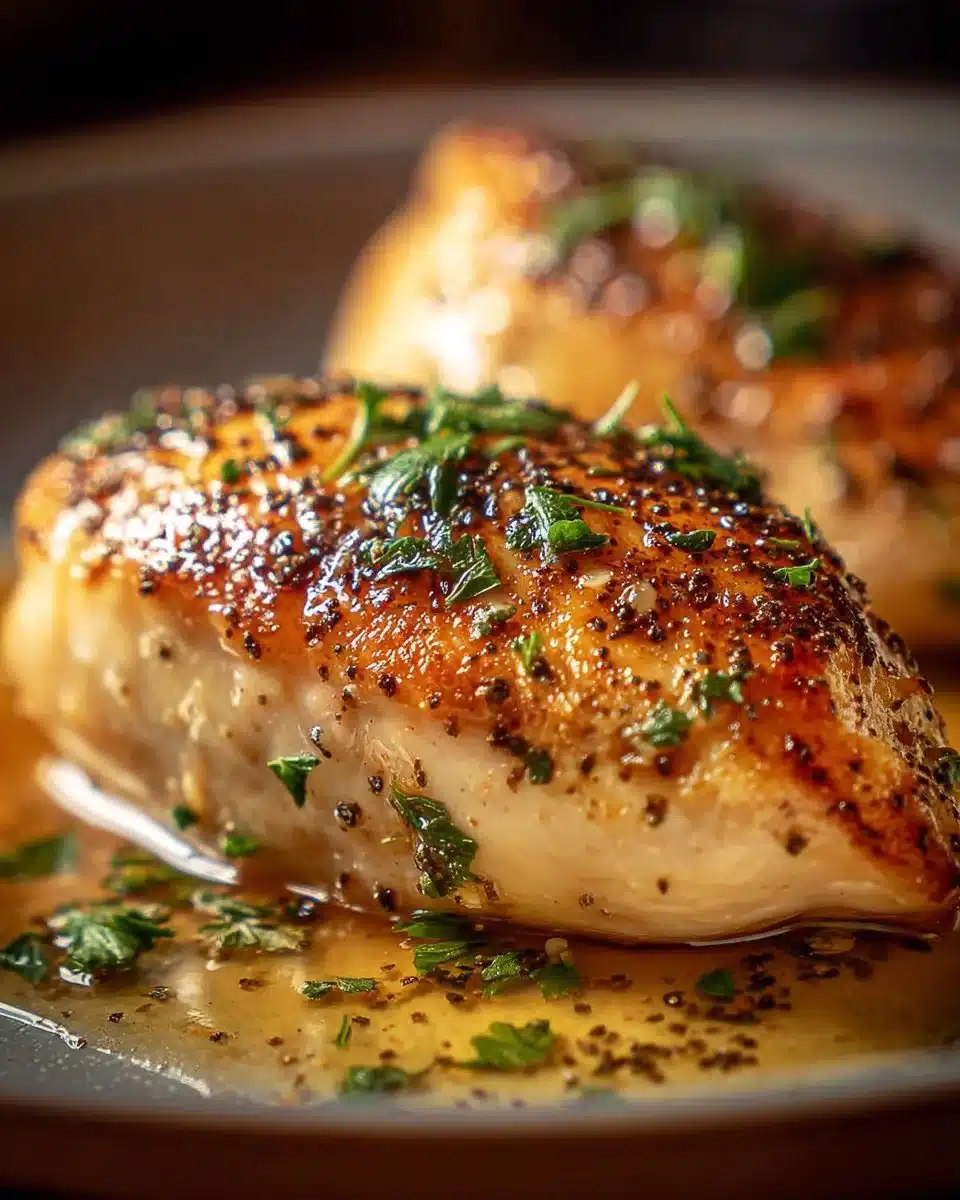 Creamy Parmesan chicken dish garnished with herbs on a plate