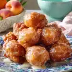 Delicious fresh peach fritters on a plate, perfect for summer desserts.
