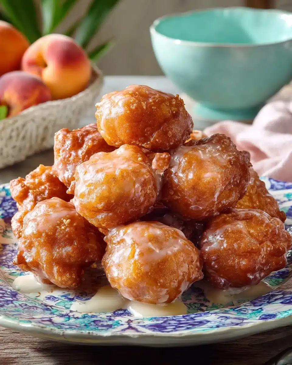 Delicious fresh peach fritters on a plate, perfect for summer desserts.