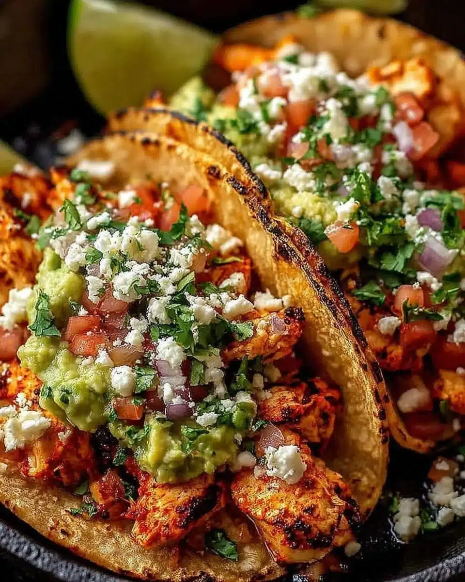 Delicious easy chicken street tacos on a wooden table ready to be served