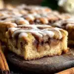 Delicious slices of easy cinnamon apple cake on a wooden table.