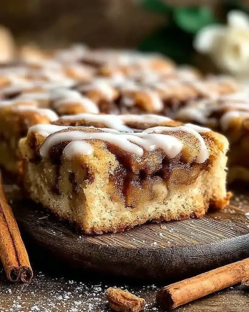 Delicious slices of easy cinnamon apple cake on a wooden table.