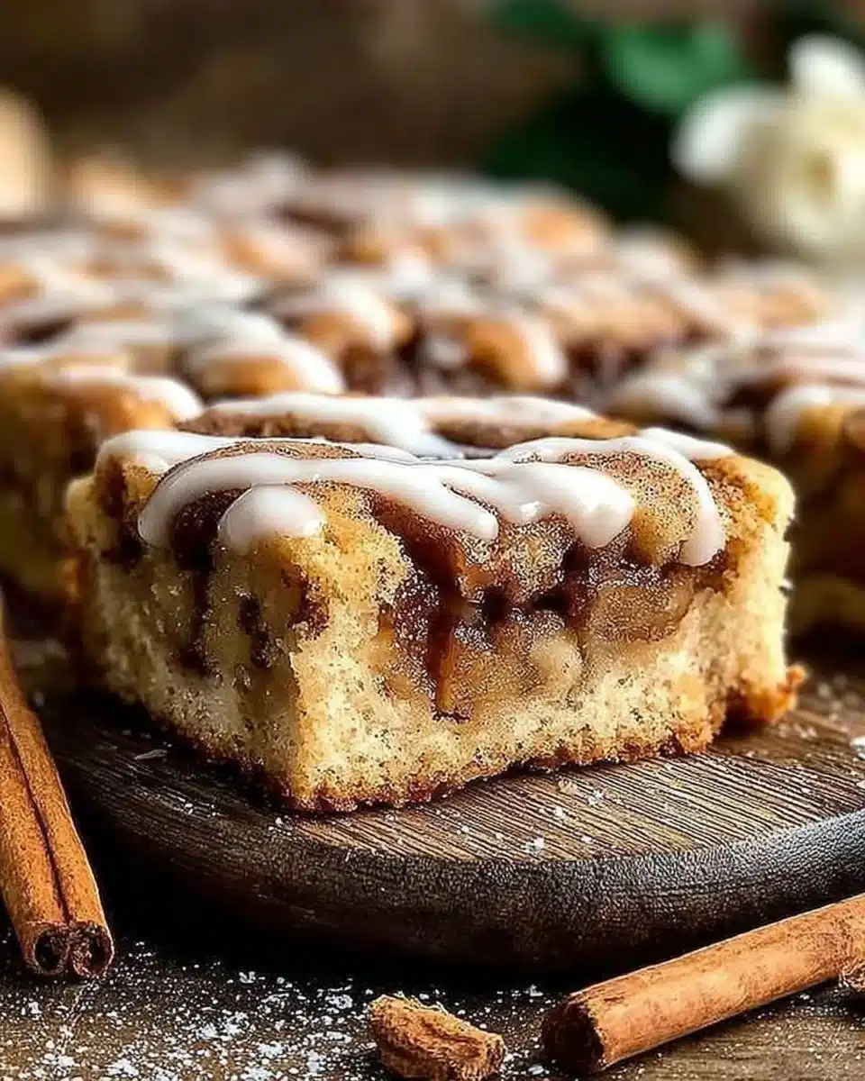 Delicious slices of easy cinnamon apple cake on a wooden table.