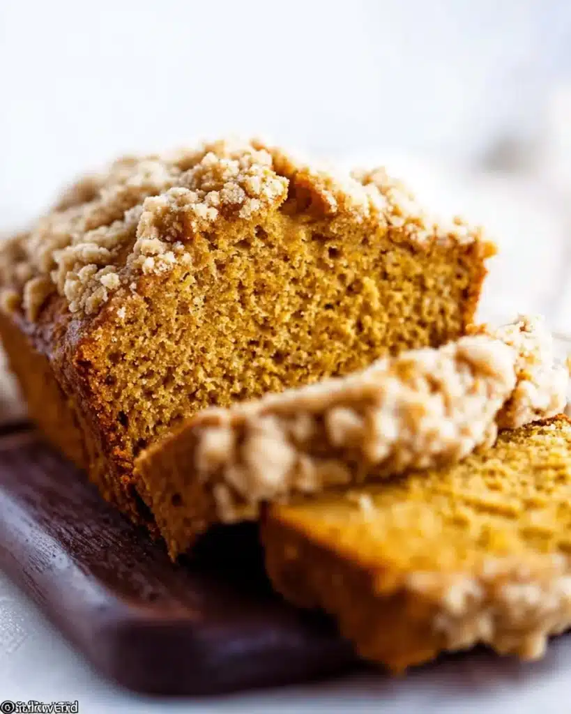 Slice of easy pumpkin bread with crumb topping on a rustic wooden table