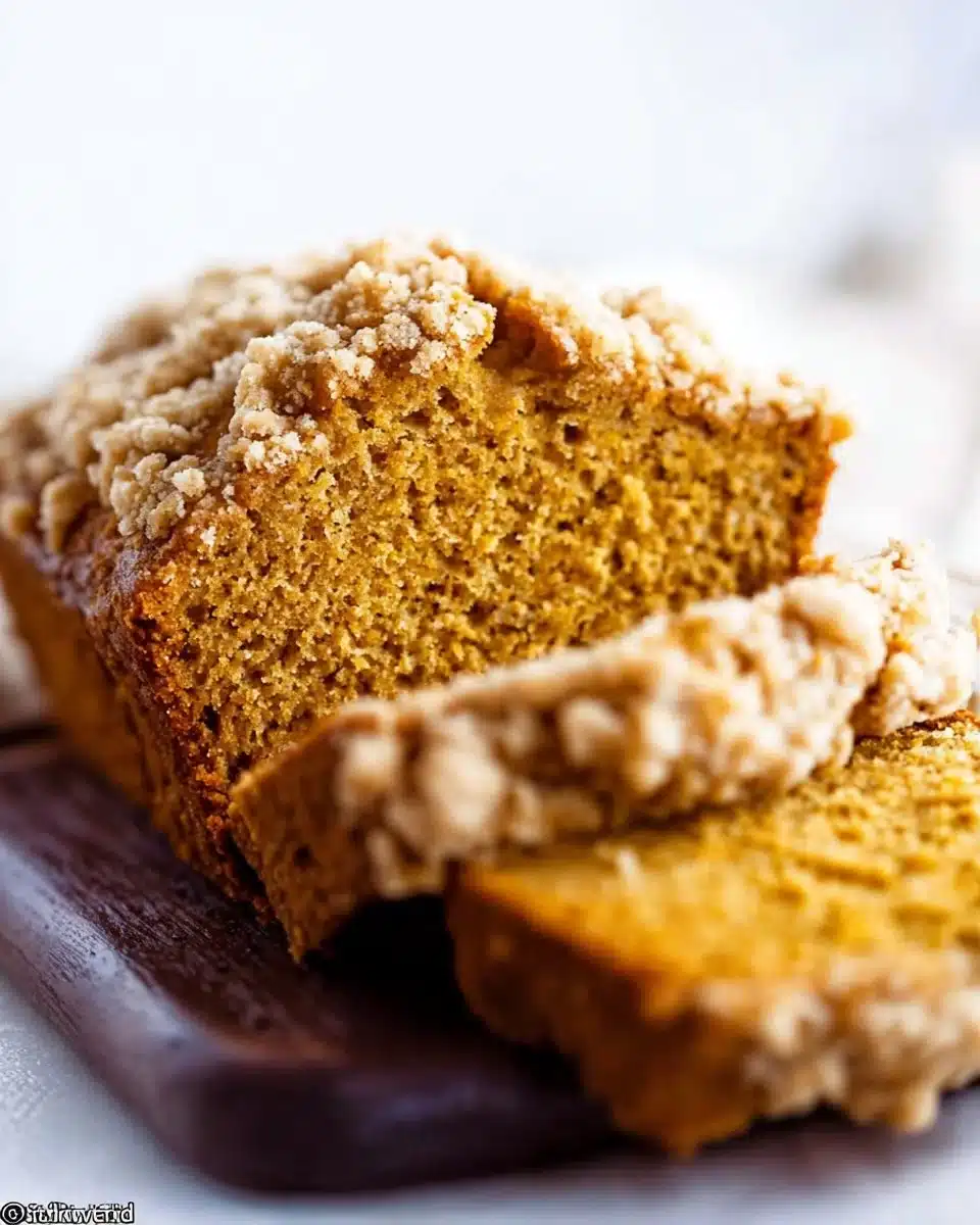 Slice of easy pumpkin bread with crumb topping on a rustic wooden table