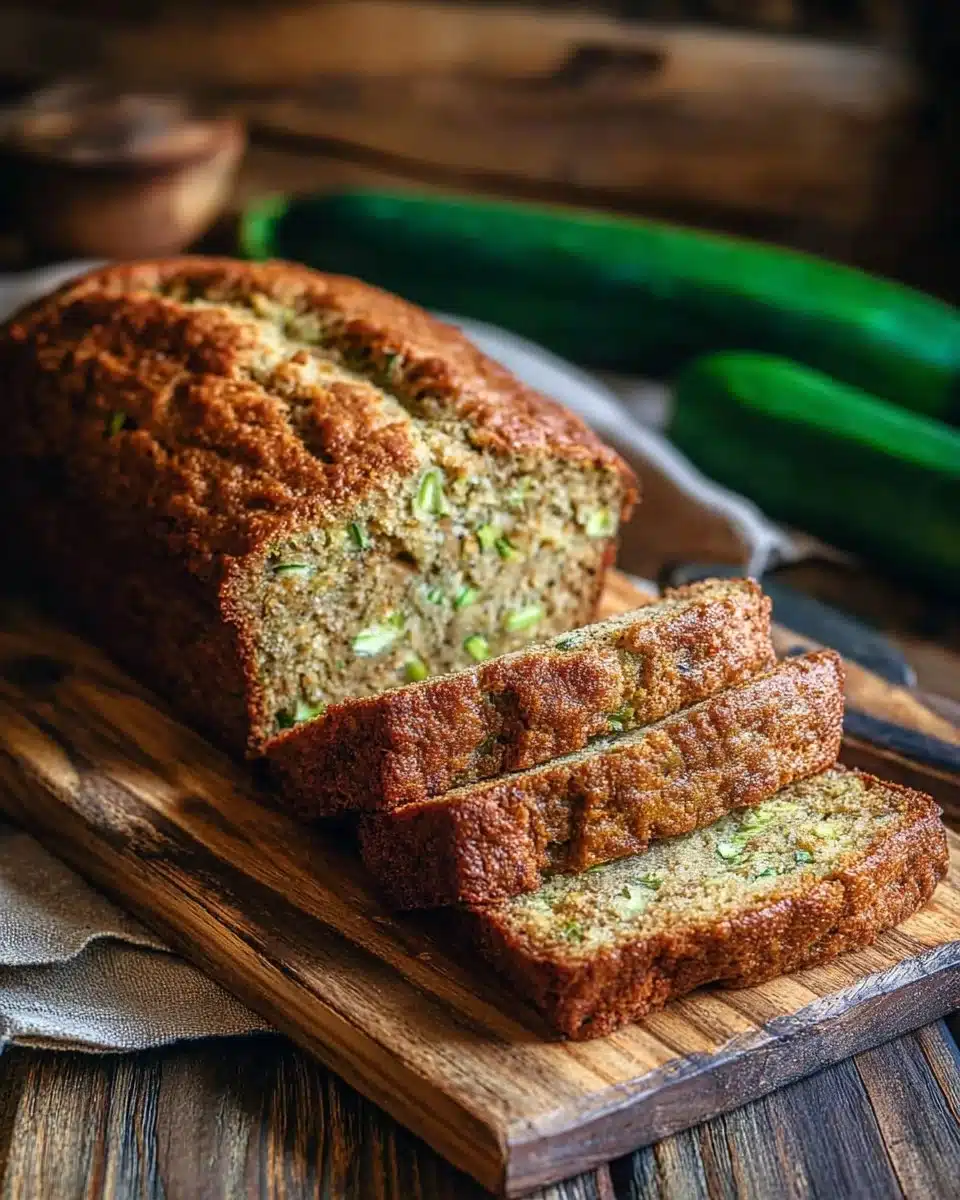 Delicious slice of easy zucchini bread with a moist texture and fresh zucchinis.