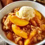 Delicious fresh peach cobbler topped with ice cream and mint leaves