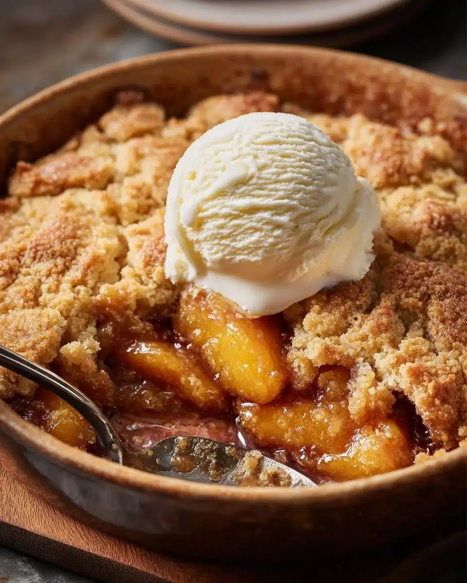 Fresh Southern Peach Cobbler with golden crust and juicy peaches