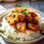 Plate of Honey Garlic Chicken garnished with green onions and sesame seeds