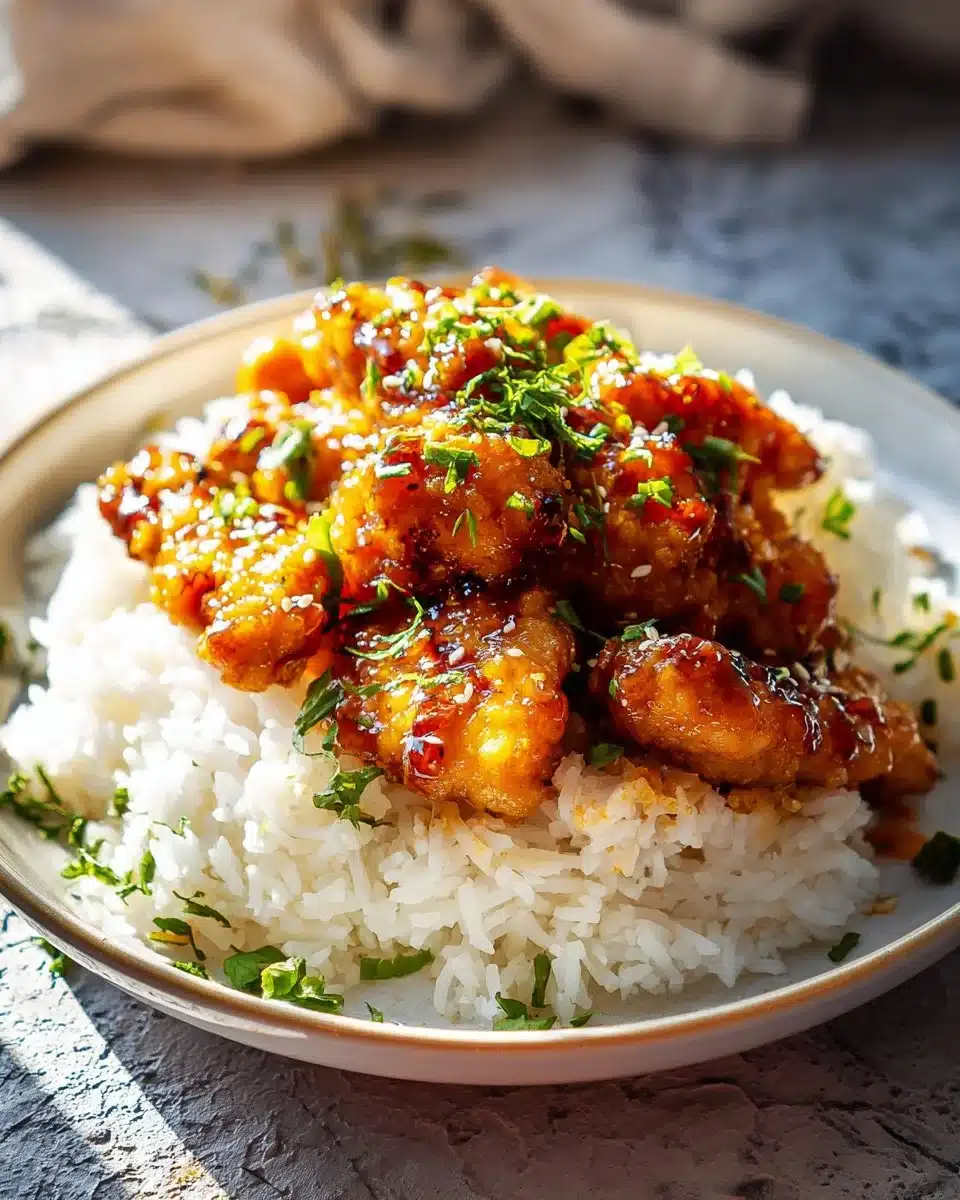 Plate of Honey Garlic Chicken garnished with green onions and sesame seeds