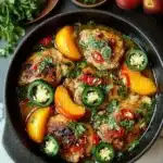 Delicious jalapeño peach chicken served on a plate with herbs.