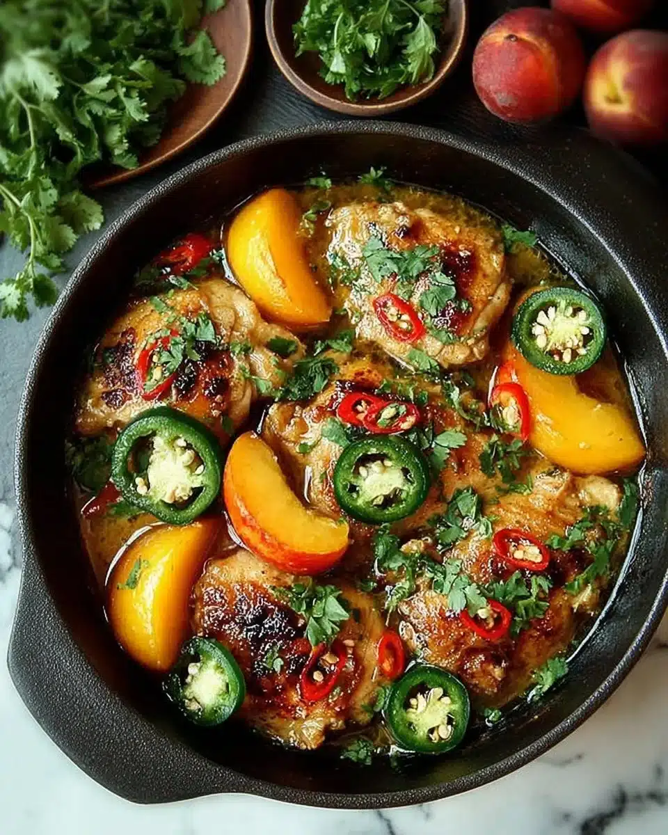 Delicious jalapeño peach chicken served on a plate with herbs.