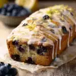 Slice of lemon blueberry zucchini bread on a wooden board