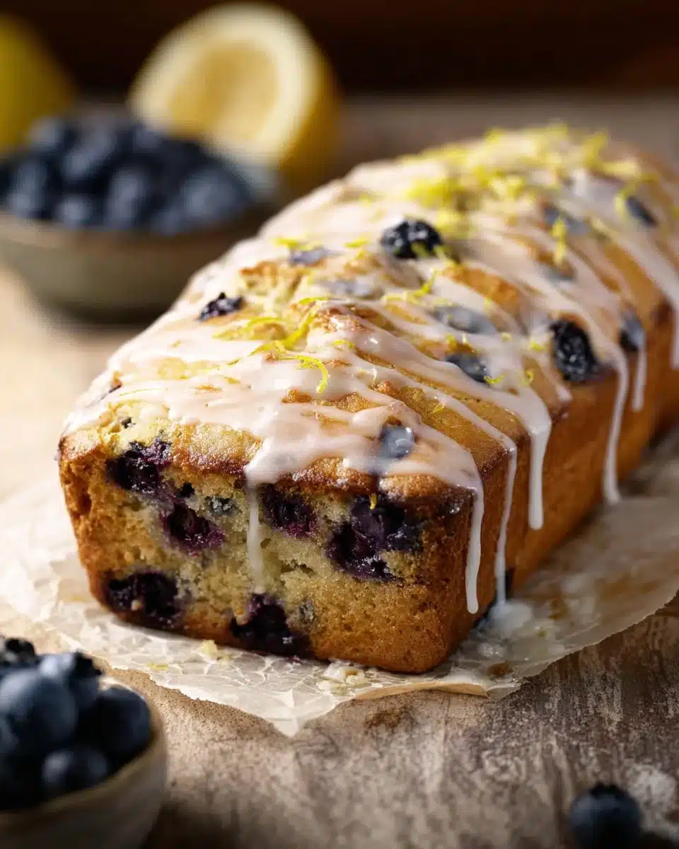Slice of lemon blueberry zucchini bread on a wooden board