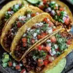Plate of delicious Mexican street tacos with fresh toppings