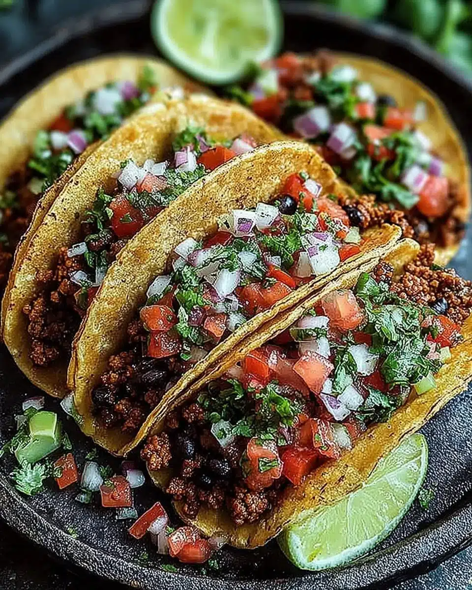 Plate of delicious Mexican street tacos with fresh toppings