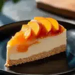 Delicious no-bake peach cheesecake topped with fresh peach slices.