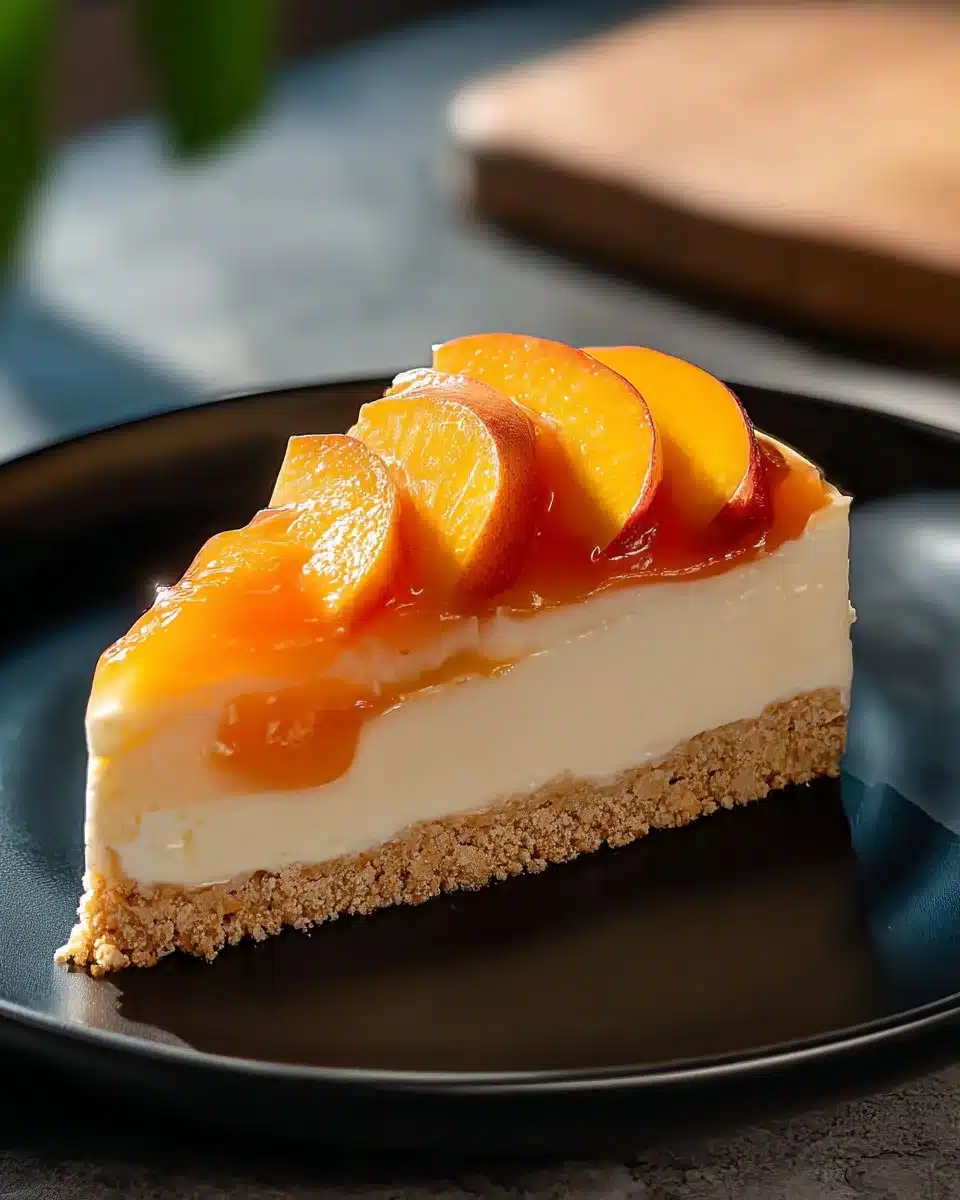 Delicious no-bake peach cheesecake topped with fresh peach slices.