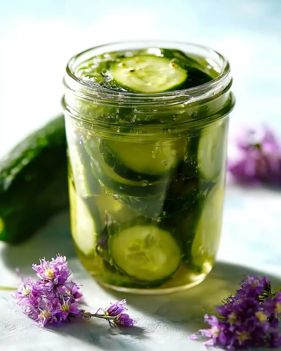 Jar of homemade no-cook refrigerator pickles with fresh vegetables.