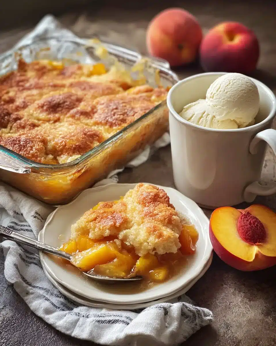 Delicious Old Fashioned Peach Cobbler with golden crust and fresh peaches