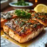 Oven-baked salmon fillet garnished with herbs and lemon slices on a plate