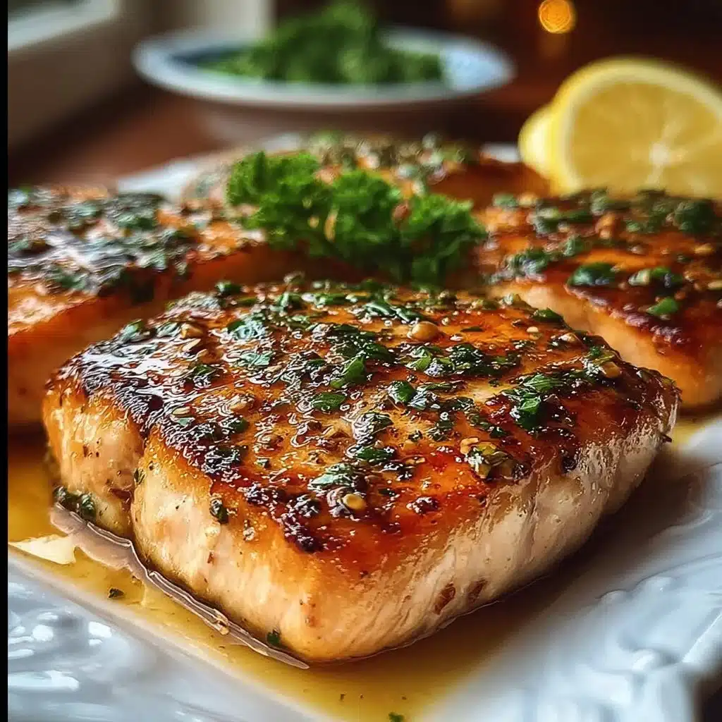 Oven-baked salmon fillet garnished with herbs and lemon slices on a plate