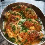 Baked Parmesan Garlic Chicken Breasts on a plate with herbs