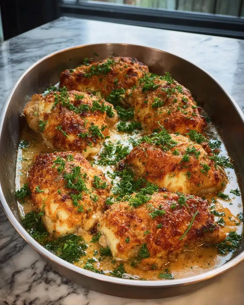Baked Parmesan Garlic Chicken Breasts on a plate with herbs