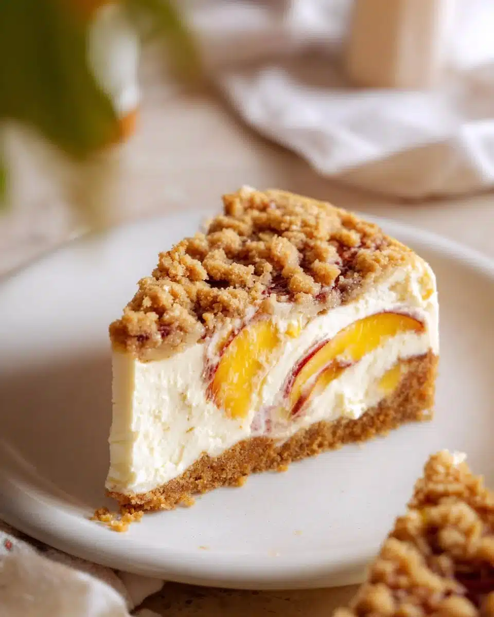 Slice of peach crumble cheesecake topped with fresh peaches and crumble