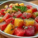 Delicious Peach Watermelon Salad garnished with mint, perfect for summer.