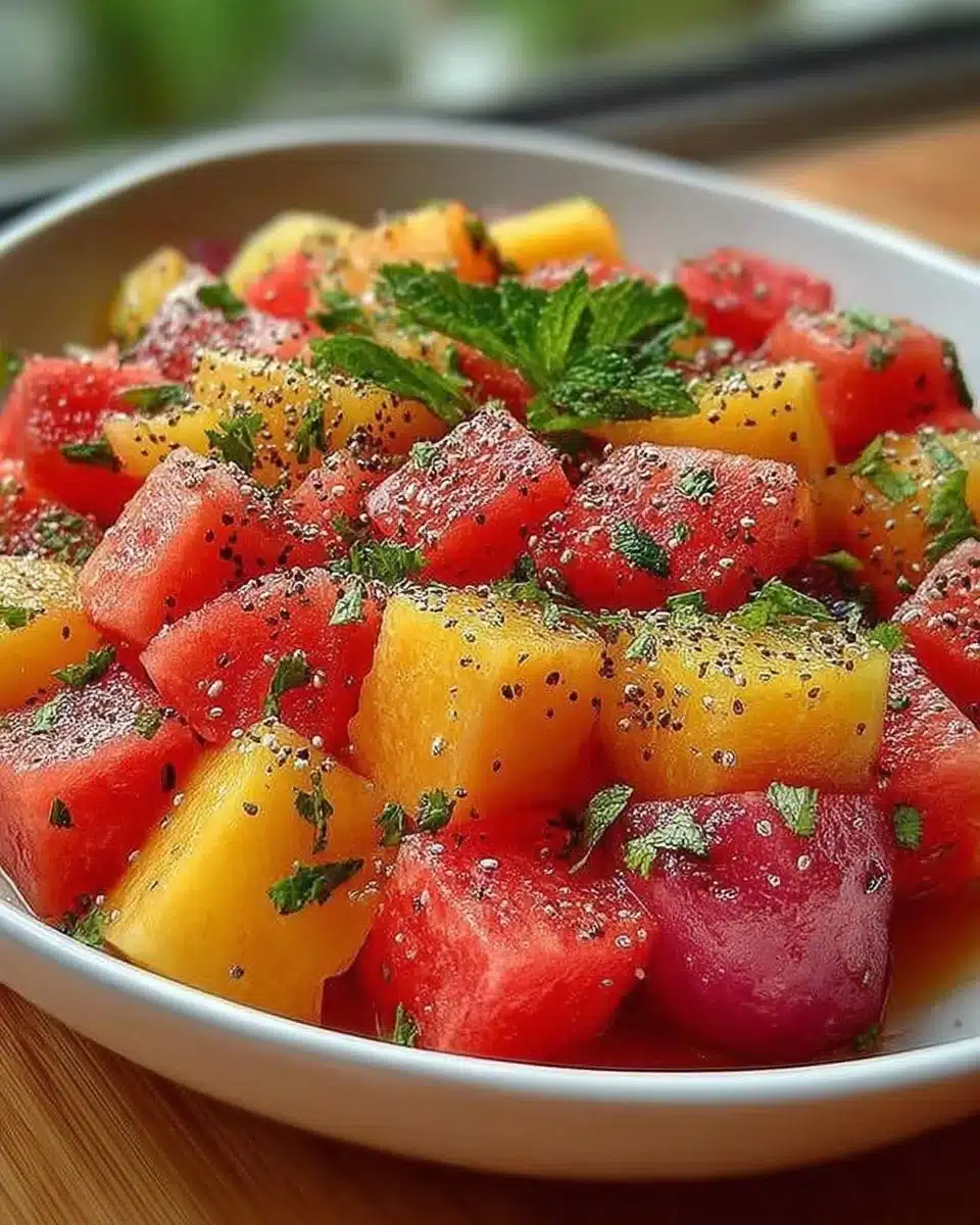 Delicious Peach Watermelon Salad garnished with mint, perfect for summer.