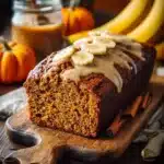 Delicious pumpkin banana bread loaf topped with nuts and spices