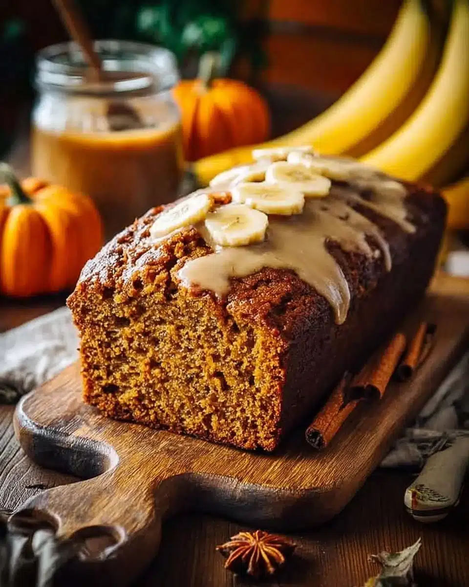 Delicious pumpkin banana bread loaf topped with nuts and spices