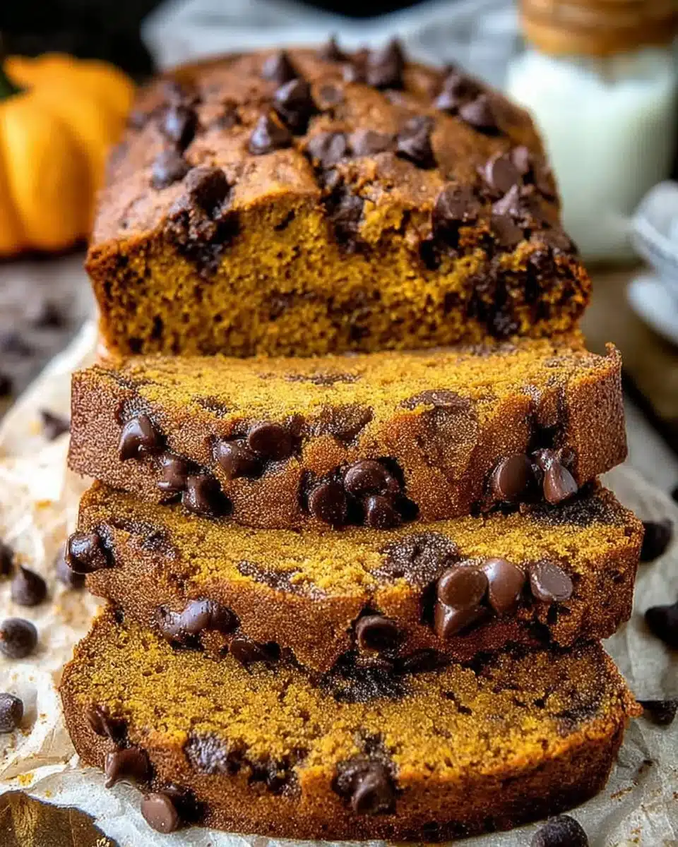Delicious slice of pumpkin chocolate chip bread on a wooden table