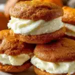 Delicious pumpkin whoopie pies with cream filling on a rustic wooden table