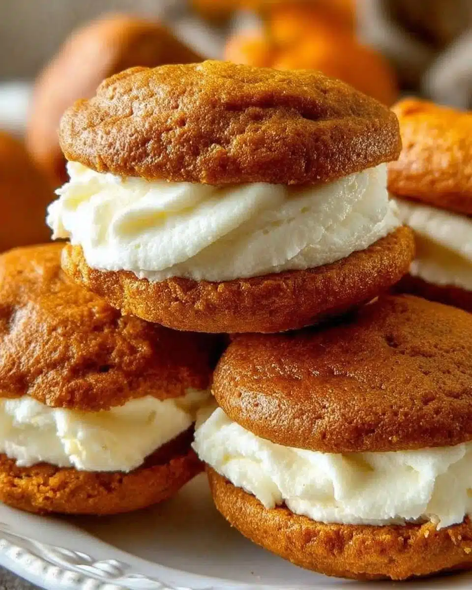 Delicious pumpkin whoopie pies with cream filling on a rustic wooden table
