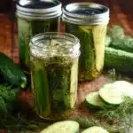 Jar of quick and easy refrigerator pickles on a kitchen counter