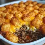 Delicious Tater Tot Casserole with Ground Beef topped with crispy tater tots