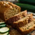 Homemade moist and spiced zucchini bread on a wooden cutting board