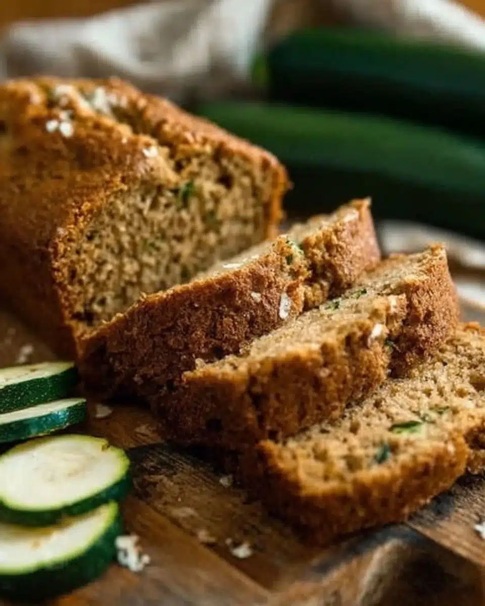 Homemade moist and spiced zucchini bread on a wooden cutting board
