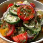 Fresh cucumber tomato salad served in a bowl with herbs
