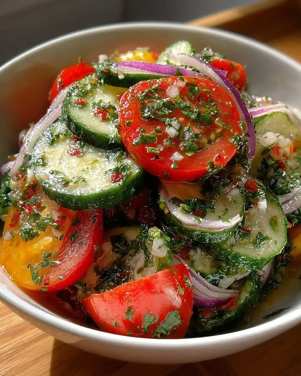 Fresh cucumber tomato salad served in a bowl with herbs